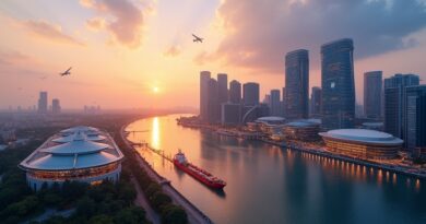 Panorama Singapuru o świcie: wzory AI, laboratoria kwantowe, satelity, zbiorniki wodoru-amoniaku, LNG, emblem zaufania