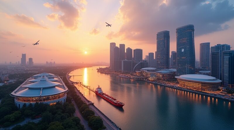 Panorama Singapuru o świcie: wzory AI, laboratoria kwantowe, satelity, zbiorniki wodoru-amoniaku, LNG, emblem zaufania