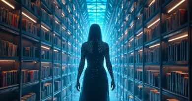 Sylwetka AI z danych strumieni przed neonową biblioteką sci‑fi, światło rzuca dramatyczne cienie
