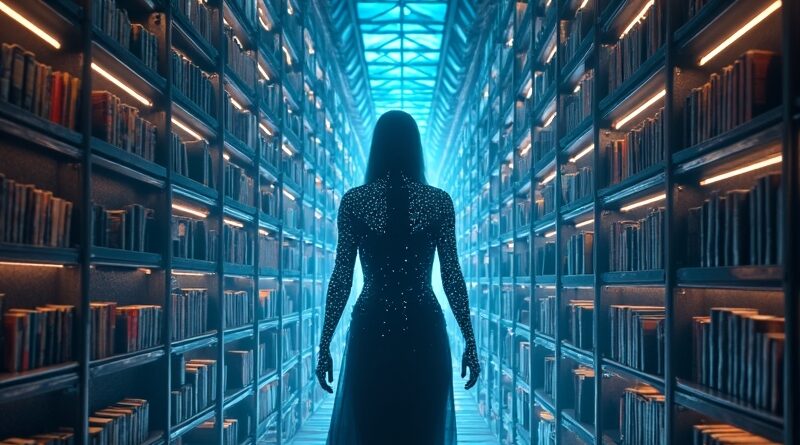 Sylwetka AI z danych strumieni przed neonową biblioteką sci‑fi, światło rzuca dramatyczne cienie
