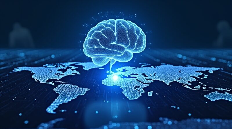 Neuralny mózg świecący nad mapą, kod Python wokół tarczy zero‑day, sylwetka haker­a