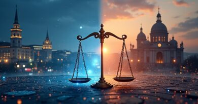 Mikrochipowa skala i złoty gavel między Doliną Krzemową a wieczornym Madrytem, sylwetki twarzy, kod binarny.