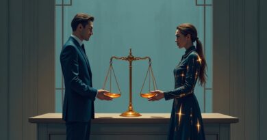 Waga sprawiedliwości pośrodku, po lewej technologiczny prawnik, po prawej inżynier kosmiczny