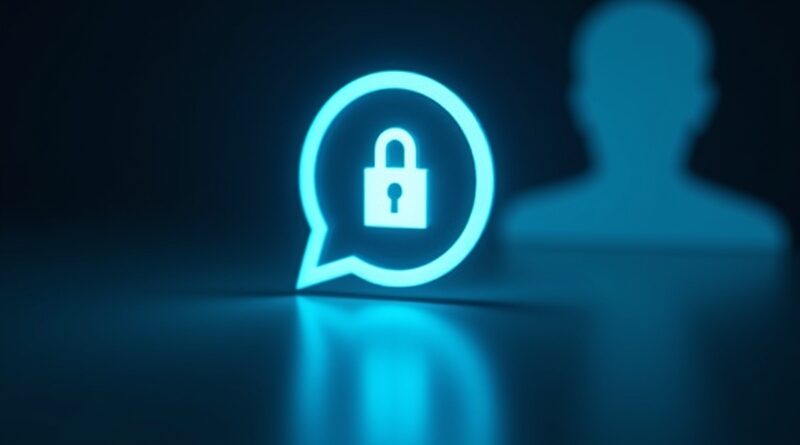 Futurystyczny WhatsApp w niebieskim neonie: kłódka nad bąblem czatu, cieniutka sylwetka asystenta AI w tle
