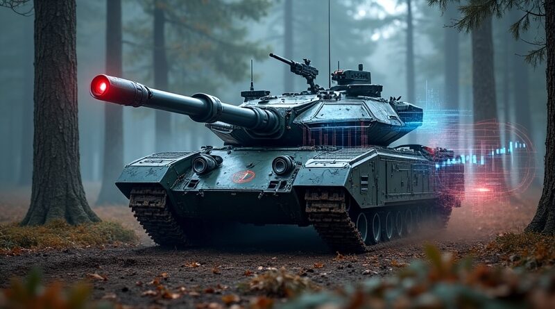 Polski czołg K2GF z holograficznym interfejsem AI w lesie, linie sieci cyfrowej, suwerenność technologiczna