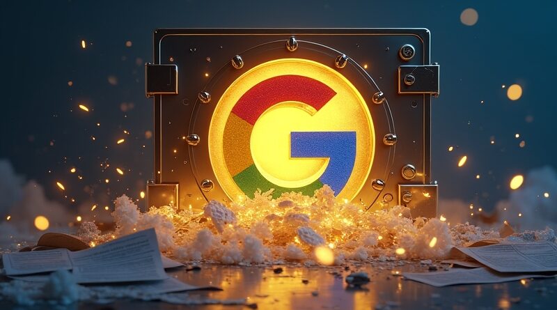 Logo Google przechodzi w złoty skarb; ikony stron płyną do niego, tłumi gazety, symbole waluty