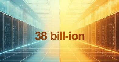 Przezroczysta złota ściana „38 mld” dzieli Azure i hub OpenAI w stylu nowoczesnym.