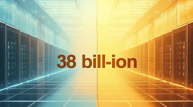Przezroczysta złota ściana „38 mld” dzieli Azure i hub OpenAI w stylu nowoczesnym.