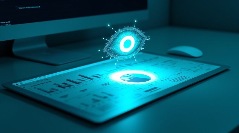 Przezroczysty kursor-widmo z świecącym okiem nad Chrome, neonowo‑niebiesko‑zielony blask tworzy wykres kołowy.