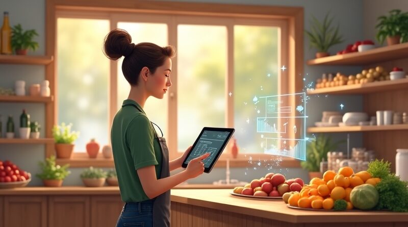 Sklep spożywczy, właścicielka przy ladzie, tablet z AI, światło słońca, pastelowe kolory