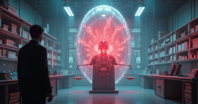 Futurystyczne laboratorium z pulsującym rdzeniem AI, klasycznymi książkami, hologramami, sylwetką twórcy i neonową wagą sprawiedliwości.