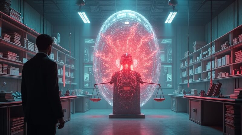 Futurystyczne laboratorium z pulsującym rdzeniem AI, klasycznymi książkami, hologramami, sylwetką twórcy i neonową wagą sprawiedliwości.