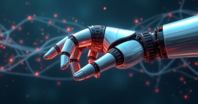 Futurystyczna ręka robota chwyta przedmiot, otoczona wstęgami światła i sieci neuronowej.