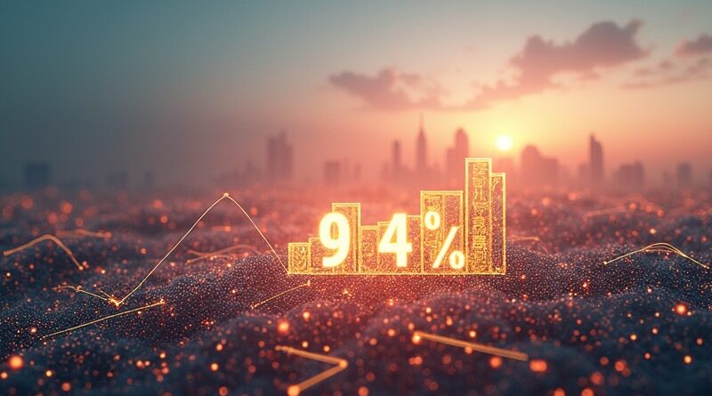 Świecąca siatka neuronowa z chińskiej kaligrafii i złotych obwodów, wykres 94% redukcji kosztów, sylwetka Pekinu