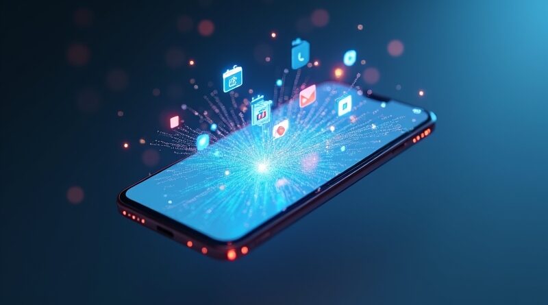 Smartfon w powietrzu, ekran z przepływającym światłem i ikonami, neonowe obwody w tle