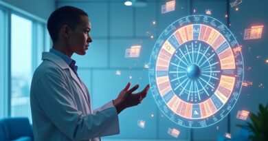 Futurystyczny czat kliniczny, avatar AI w białym fachu, rulety medyczne ikony, unoszące się fragmenty prac.