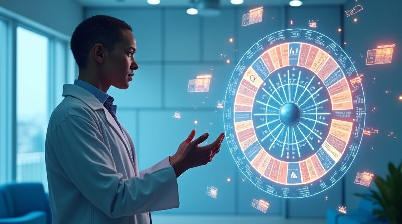 Futurystyczny czat kliniczny, avatar AI w białym fachu, rulety medyczne ikony, unoszące się fragmenty prac.