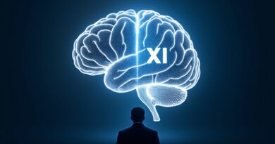Mózg nerwowy podzielony: lewa OpenAI, prawa xAI, sylwetka Muska nad niebieskim tłem