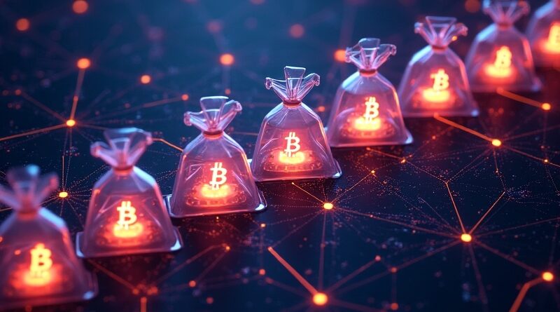 Świecące ikony tokenów w woreczkach uśredniane do wektora, rozwijające się w sieć neuronową GPU cyberpunk.