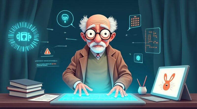 Magoo starszy pan w okularach przy futurystycznym biurku, hologramy, pakiety danych, trójkąt ostrzegawczy, tablet dziecka.
