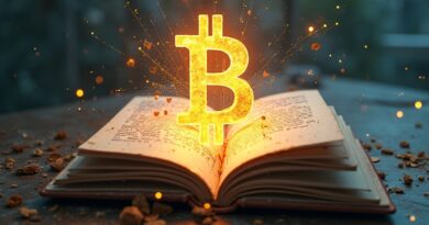 Świecący bitcoin z rozbitego dysku, odcisk kodu, mózg Claude, złote nici do notatnika