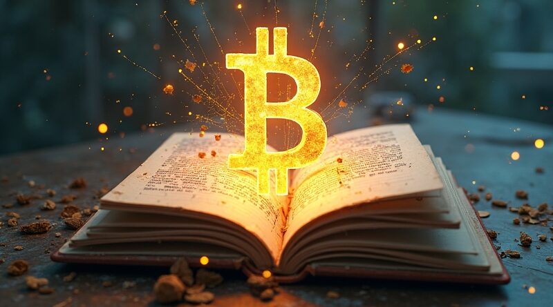 Świecący bitcoin z rozbitego dysku, odcisk kodu, mózg Claude, złote nici do notatnika