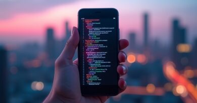 Smartfon w dłoni ekranem z lśniącym kodem, tło rozmytego miasta za zmierzchu.