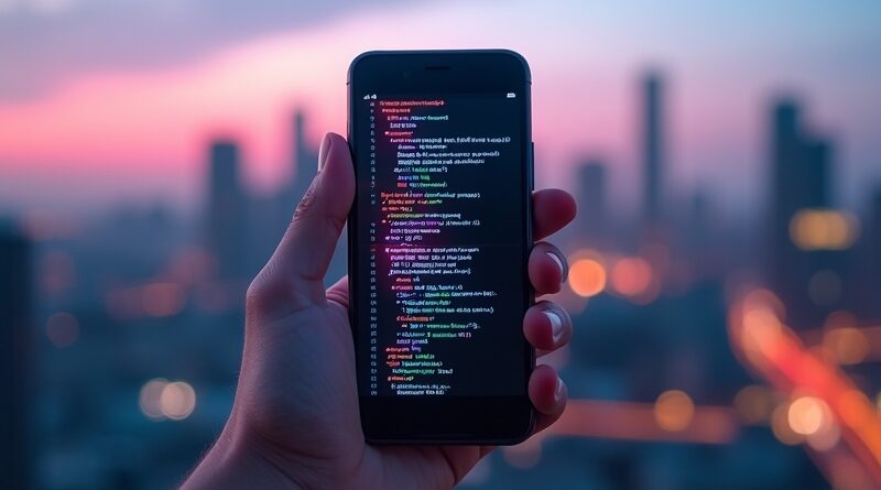 Smartfon w dłoni ekranem z lśniącym kodem, tło rozmytego miasta za zmierzchu.