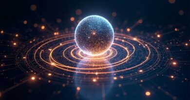 Futurowe przeźroczyste warstwowe systemy AI obracają wokół holograficznej kuli kodu z pętlą złotą.