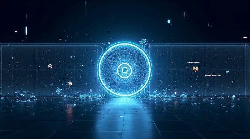 Świetlny rdzeń AI w barierze Authorized Access, rozpryskujące się symbole SPV i platform.