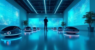 Nowoczesna przestrzeń robocza w niebiesko-cyjanowym świetle, profesjonalista obserwujący autonomiczne roboty AI z hologramami i ekranami