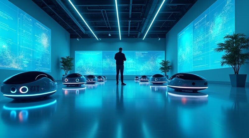 Nowoczesna przestrzeń robocza w niebiesko-cyjanowym świetle, profesjonalista obserwujący autonomiczne roboty AI z hologramami i ekranami