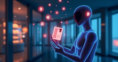 Holograficzny agent AI trzymający świecącą kartę Mastercard wśród symboli stablecoin na tle cyfrowego rynku.