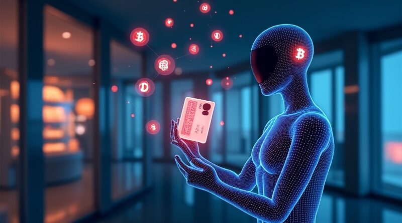 Holograficzny agent AI trzymający świecącą kartę Mastercard wśród symboli stablecoin na tle cyfrowego rynku.