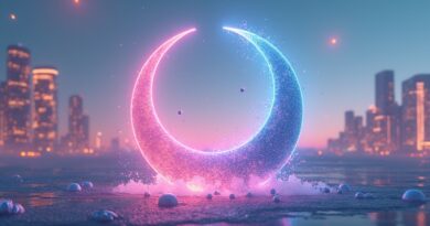 ChatGPT orb dissolves; Claude and Gemini crescents rise over futuristic city with data streams.