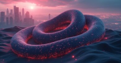 Potężny cyber‑piaskowiec oplatający strumienie kodu npm, w tle migocące uszkodzone certyfikaty i neonowa metropolia zmierzchu.