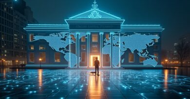 Futurystyczny brytyjski skarbiec połączony z centrum danych, hologramy, klucz, analityk i AI w błękitno‑złotym świetle
