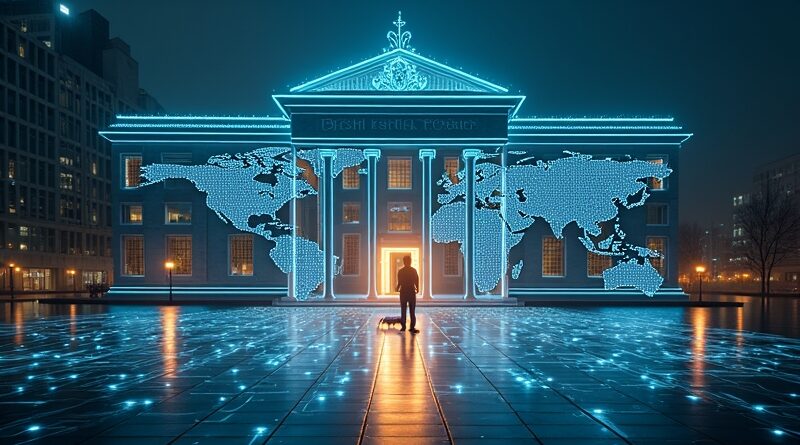 Futurystyczny brytyjski skarbiec połączony z centrum danych, hologramy, klucz, analityk i AI w błękitno‑złotym świetle