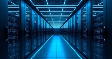 Centrum danych z serwerami AMD, niebieskim światłem, przejściem od blockchaina do sieci neuronowych.