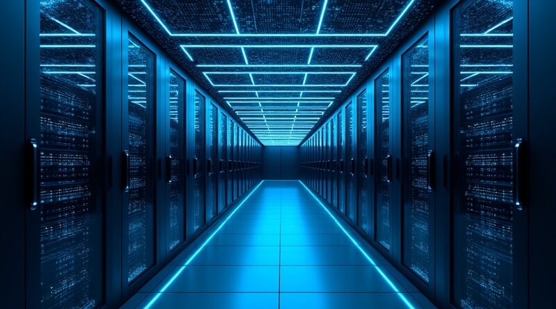 Centrum danych z serwerami AMD, niebieskim światłem, przejściem od blockchaina do sieci neuronowych.