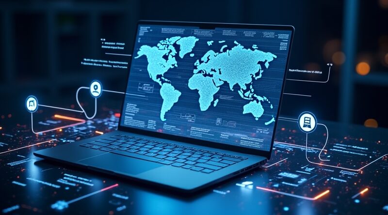 Stacja robocza z holograficznym Notionem, strumieniami danych i ikonami Salesforce, Postgres, Zendesk na tle gradientu.