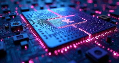 Rozbity procesor Apple M5 z świecącymi pęknięciami, ukazujący AI‑neuralną strukturę, neonowo‑fioletowe światło