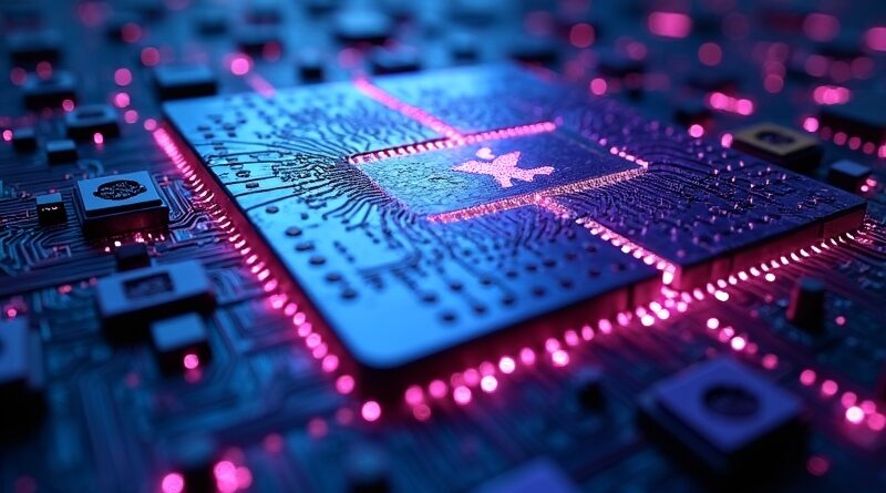 Rozbity procesor Apple M5 z świecącymi pęknięciami, ukazujący AI‑neuralną strukturę, neonowo‑fioletowe światło