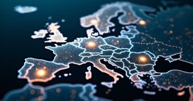 Świecąca sieć danych nad mapą Centralnej Europy, ikony e‑commerce, AI, zdrowia, turystyki, fintech, locker