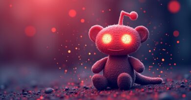 Stylizowany maskot Reddit z danych i obwodów AI na tle gradientu