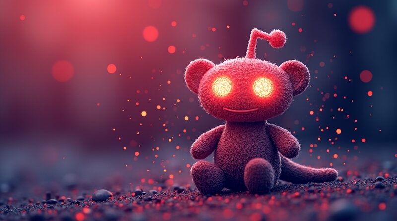 Stylizowany maskot Reddit z danych i obwodów AI na tle gradientu