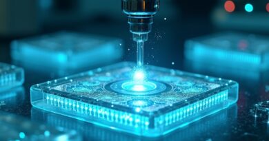 Przezroczysty mikrofluidiczny chip z płynem, ramieniem robotycznym świecącą komórką i holograficznymi danymi