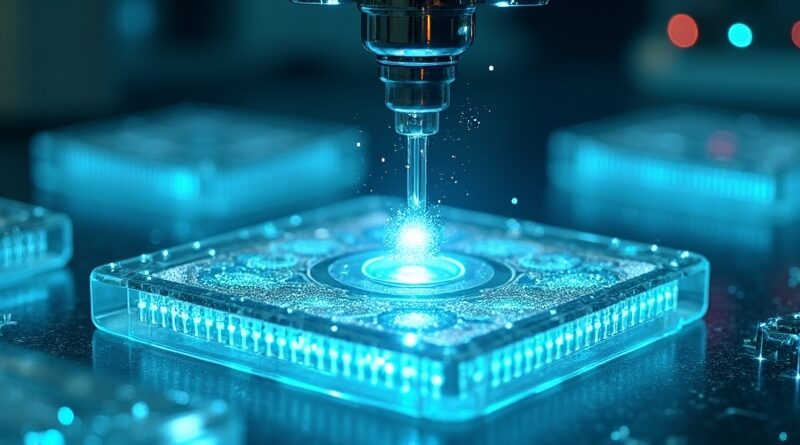 Przezroczysty mikrofluidiczny chip z płynem, ramieniem robotycznym świecącą komórką i holograficznymi danymi