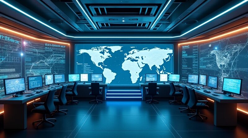 Futurystyczne centrum dowodzenia z niebiesko‑pomarańczowym światłem, hologrami danymi i dyskretnym symbolem Oracle.