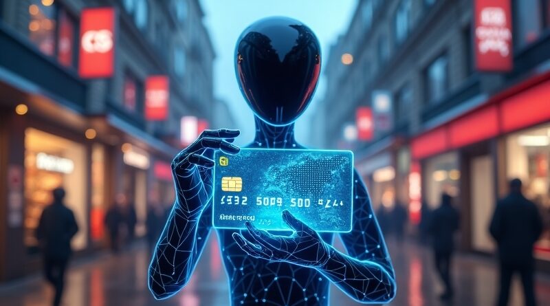 Luminescencyjny humanoid z kartą Mastercard, holograficzne ceny ulice neonowe